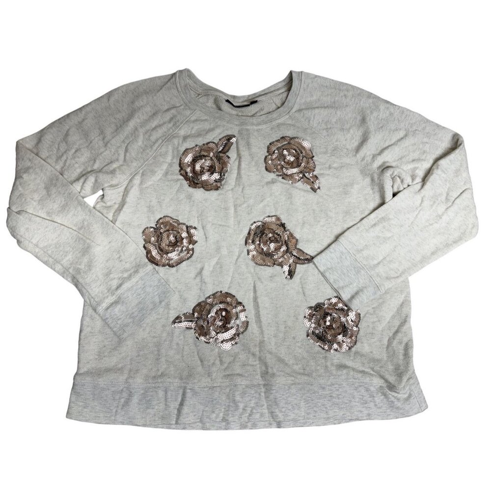 Apt. 9 Womens Sequin Floral Embellished Sweater Cotton Blend Long Sleeve Beige